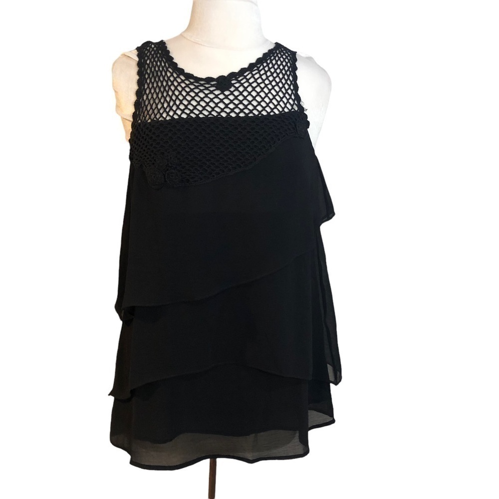 Soft Surroundings NWT Heavenly Soft Black Tiered Crochet Neck Blouse Size Small